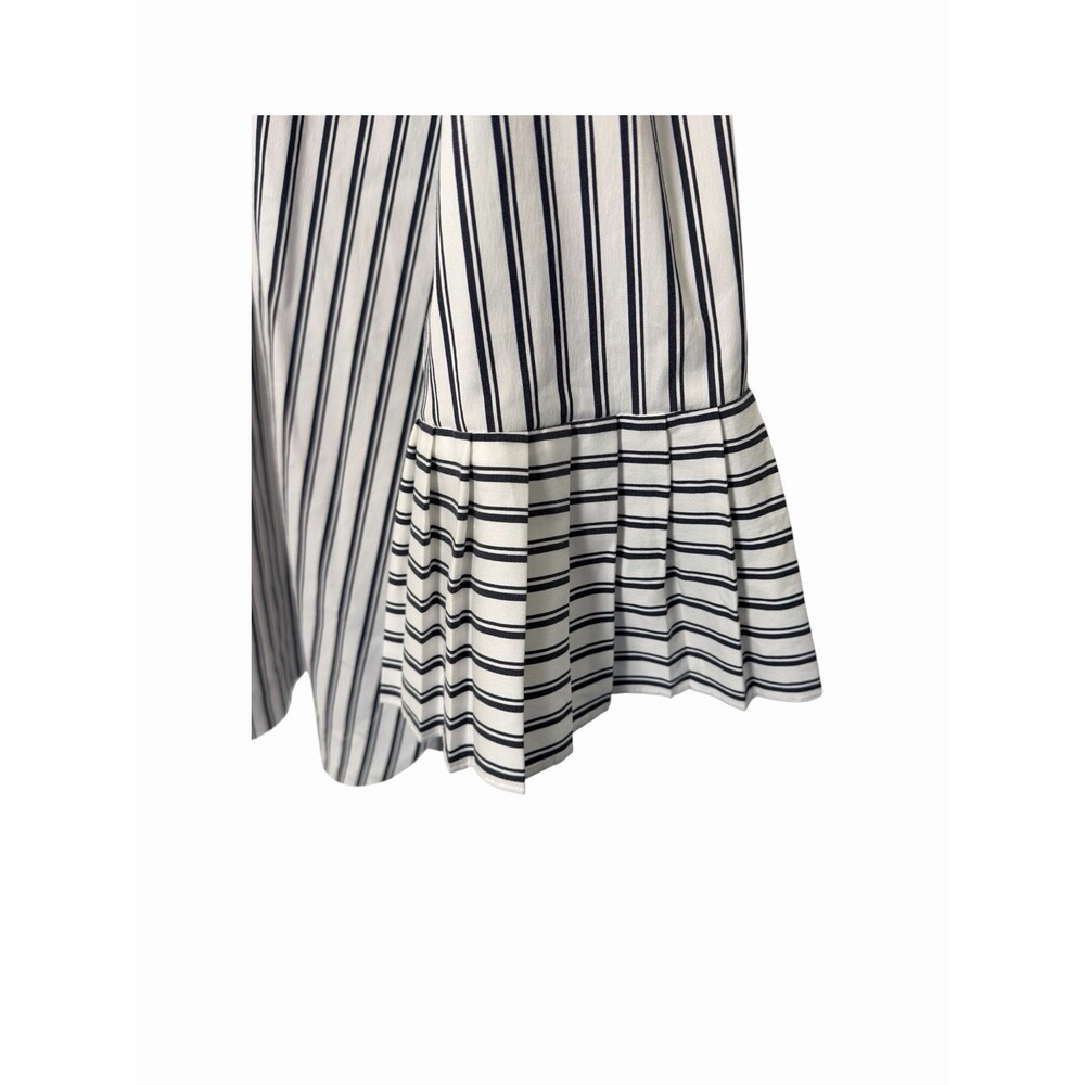 Chicos Size 2 White Navy/Grey Stripe Ruffle Cuff Blouse Open Collar EUC - Picture 4 of 6